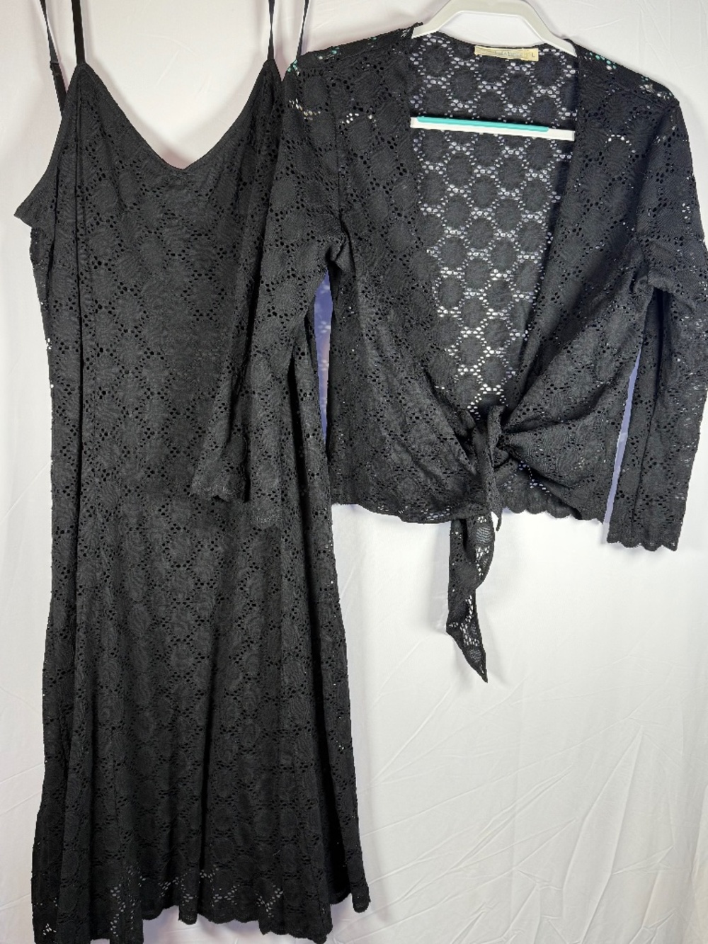 Belle France black eyelet lace strap dress with matching jacket, Large